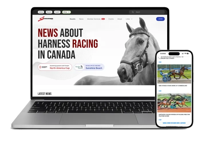 Final design showcase of the Standardbred Canada website displayed on a laptop and iPhone, highlighting responsive layout and modern UX.